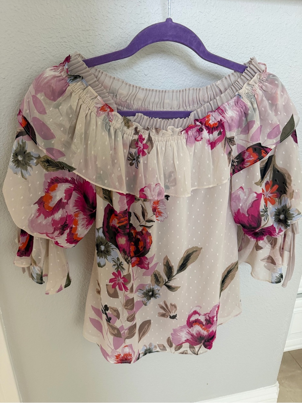 White House Black Market Blush Floral Off-Shoulder Top with Pink Accents